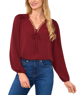 CeCe Women's Circular Trim Pin-Tuck Long Sleeve Blouse