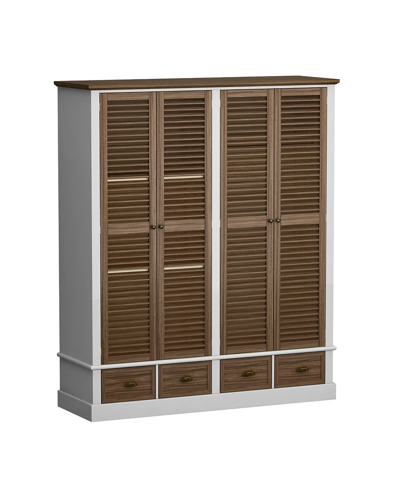 Famapy Brown Wood Shutter Doors Armoires Wardrobe with Thick Base, 4-Drawers