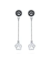 Bling Jewelry Bff Pet Animal Lover Linear Black Enamel Dog Cat Kitten Puppy Paw Print Dangle Earrings For Women .925 Sterling Silver