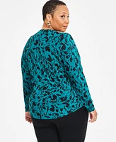 I.n.c. International Concepts Plus Printed Split-Neck Long-Sleeve Top, Created for Macy's