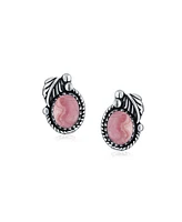 Bling Jewelry Native American Style Natural Pink Rhodochrosite Oval Bezel Leaf Rope Edged Stud Earrings Western Jewelry For Women Oxidized .925 Sterli