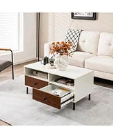 Gymax Coffee Table Modern Rectangle w/ Storage Shelf & Drawers Living Room Furniture