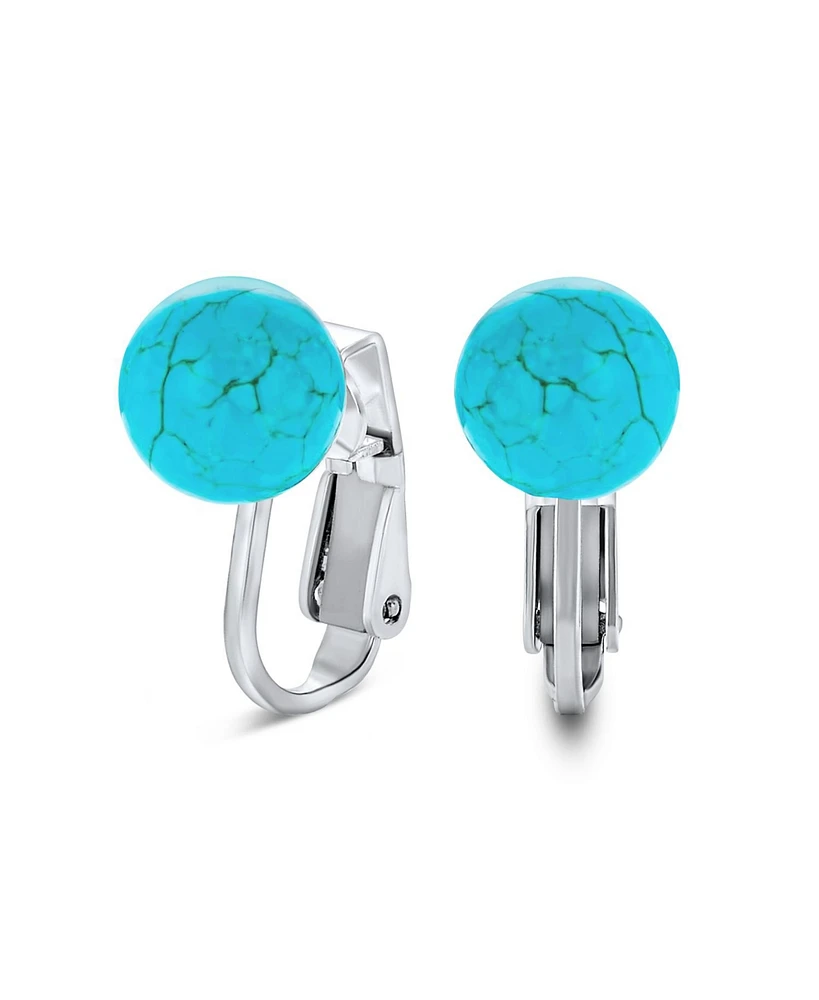 Bling Jewelry Simple Blue Compressed Turquoise Bead Round Ball Clip On Earrings .925 Sterling Silver 8MM