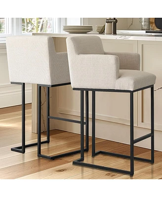 Maison Boucle Set of 2 Armrest Bar Stools, 28.5" Linen Stool with Black Metal Sled Legs-Maison