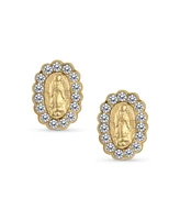 Bling Jewelry Small Cubic Zirconia Cz Halo Holy Mother Religious Medallion Style Yellow 14K Gold Oval Virgin Mary Stud Earrings