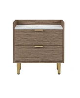 Slickblue Wooden Nightstand with 2 Drawers and Marbling Worktop, Mordern Wood Bedside Table with Metal Legs&Handles, Walnut