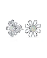 Bling Jewelry White Rainbow Created Opal Daisy Flower Pendant Necklace For Women .925 Sterling Silver