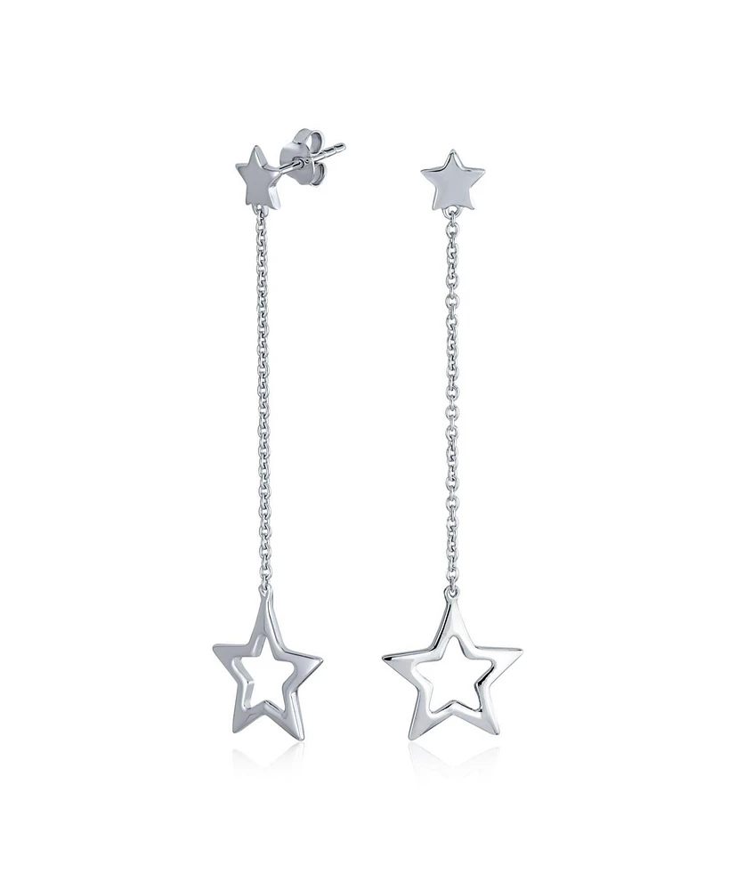 Bling Jewelry Celestial American Patriotic Usa Rock Star Chain Long Linear Dangle Open Star Earrings For Women .925 Sterling Silver 2.5 Inch