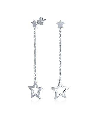 Bling Jewelry Celestial American Patriotic Usa Rock Star Chain Long Linear Dangle Open Star Earrings For Women .925 Sterling Silver 2.5 Inch