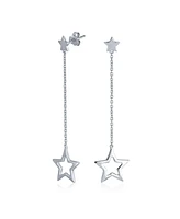 Bling Jewelry Celestial American Patriotic Usa Rock Star Chain Long Linear Dangle Open Star Earrings For Women .925 Sterling Silver 2.5 Inch