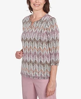 Alfred Dunner Women's Telluride Chenille Zig Zag Split Neck Top