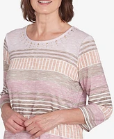 Alfred Dunner Women's Telluride Stripe Patchwork Pleated Crew Neck Top