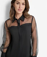 Dkny Petite Collared Mixed-Media Illusion Blouse