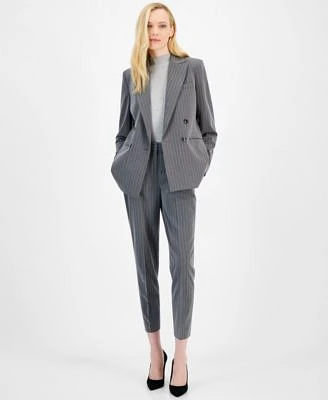 Tahari Asl Womens Mock Neck Knit Top Pinstripe Trousers Classic Pinstripe Blazer