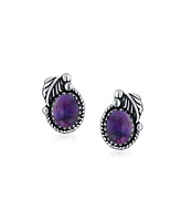 Bling Jewelry Native American Style Natural Purple Turquoise Oval Bezel Leaf Rope Edged Stud Earrings Western Jewelry For Women Oxidized .925 Sterling