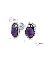 Bling Jewelry Native American Style Natural Purple Turquoise Oval Bezel Leaf Rope Edged Stud Earrings Western Jewelry For Women Oxidized .925 Sterling