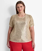 Dkny Plus Size Sequined Short-Sleeve Crewneck Top