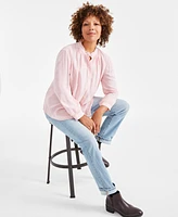 Style & Co Petite Ruffle-Neck Button-Front Long-Sleeve Top, Created for Macy's