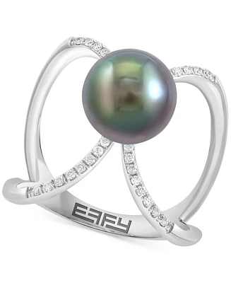 Effy Cultured Tahitian Pearl (9mm) & Diamond (1/10 ct. t.w.) Openwork Statement Ring in 14k White Gold