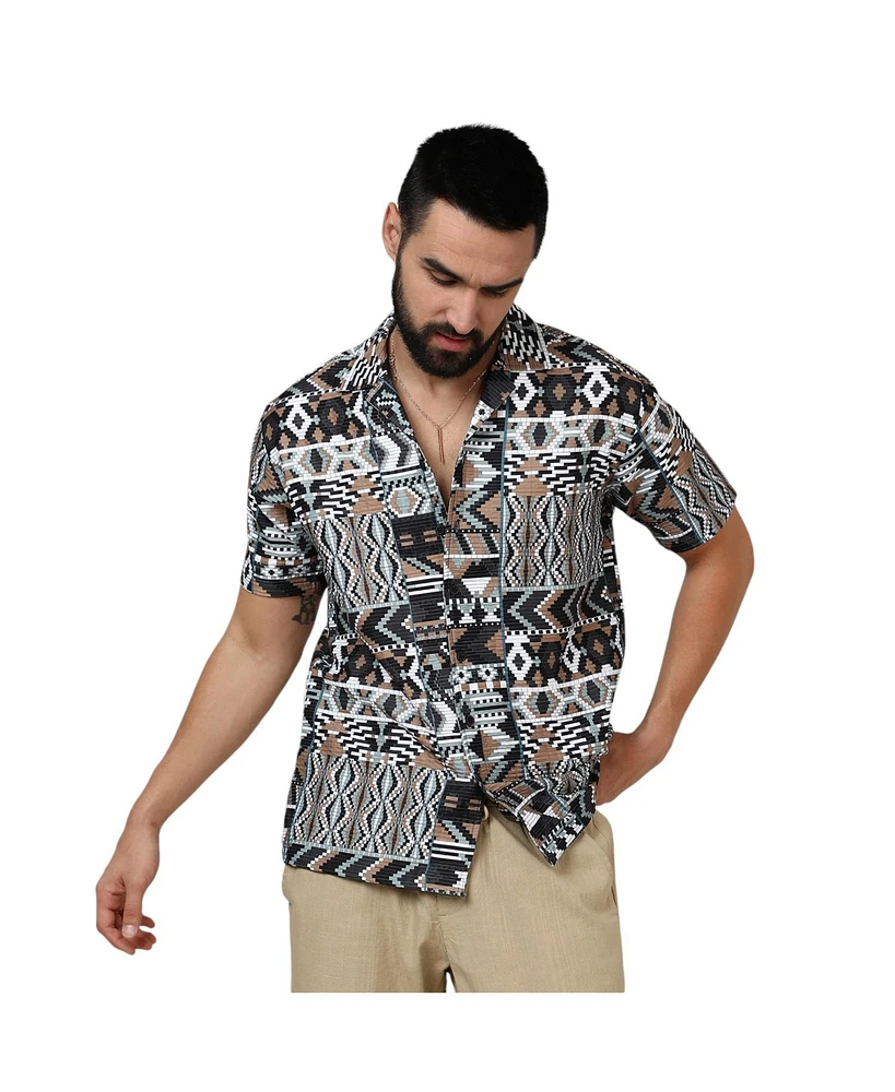 Campus Sutra Men's Mocha Brown & Sage Green Bohemian Shirt