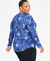 I.n.c. International Concepts Plus Printed Split-Neck Long-Sleeve Top, Created for Macy's