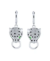 Bling Jewelry Estate Art Deco Style Animal Spotted Black White Panther Cat Green Eye Cubic Zirconia Pave Cz Lever Back Dangle Earrings For Women Silve