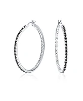 Bling Jewelry White Black Cubic Zirconia Pave Cz Thin Inside Out Large Big Hoop Earrings For Women Prom Silver Plated 1.75 Inch Diameter