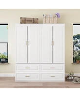 Famapy White Wooden 4-Door Super Large Bedroom Armoire Wardrobe with Hanging Bars