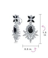 Bling Jewelry Black Cubic Zirconia Statement Dangle Formal Art Deco Style Chandelier Clip On Earrings Prom Silver Plated