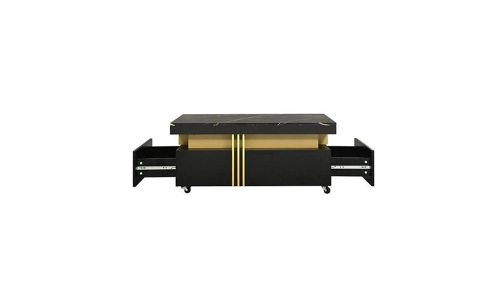 Slickblue Contemporary Coffee Table with Faux Marble Top – Rectangle Cocktail Table on Caster Wheels with Gold Metal Bars for Living Room