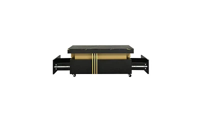 Slickblue Contemporary Coffee Table with Faux Marble Top – Rectangle Cocktail Table on Caster Wheels with Gold Metal Bars for Living Room