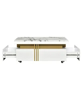 Slickblue Contemporary Coffee Table with Faux Marble Top – Rectangle Cocktail Table on Caster Wheels with Gold Metal Bars for Living Room