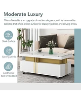 Slickblue Contemporary Coffee Table with Faux Marble Top – Rectangle Cocktail Table on Caster Wheels with Gold Metal Bars for Living Room