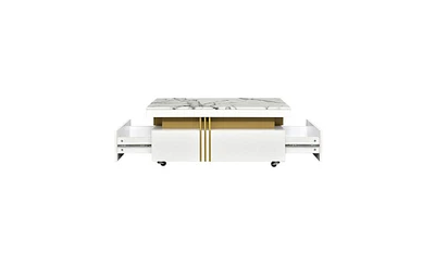 Slickblue Contemporary Coffee Table with Faux Marble Top – Rectangle Cocktail Table on Caster Wheels with Gold Metal Bars for Living Room