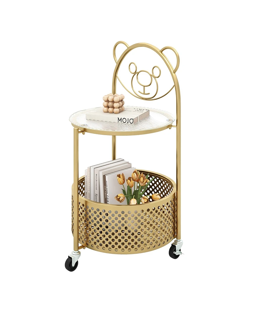 Gymax 2-Tier Mobile Glass Coffee Table w/ Bear Pattern Storage Basket Transparent & Golden