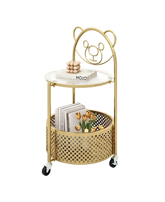 Gymax 2-Tier Mobile Glass Coffee Table w/ Bear Pattern Storage Basket Transparent & Golden