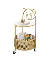 Gymax 2-Tier Mobile Glass Coffee Table w/ Bear Pattern Storage Basket Transparent & Golden