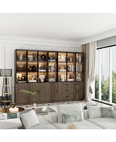 Famapy Brown Wood 23-Shelf Accent Bookcase with Glass Doors, Lights
