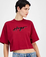 Hugo Women's Cotton Script-Logo Crewneck Cropped T-Shirt