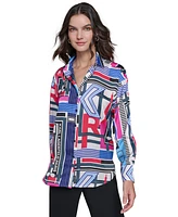 Karl Lagerfeld Paris Women's Oversized Printed Satin Button-Front Top