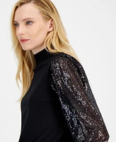 T Tahari Women's Mock-Neck Sheer Sequined-Sleeve Top