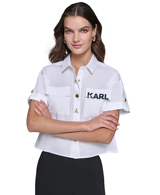 Karl Lagerfeld Paris Women's Poplin Logo Button-Front Top, Regular & Petite