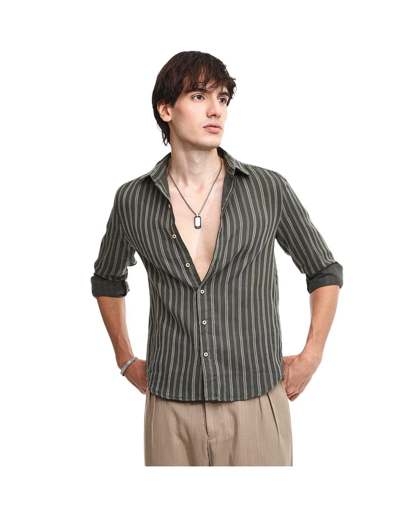 Campus Sutra Men's Moss Green Halo Striped Shirt