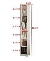 Kings Brand Furniture Mora 6 -Tier Tall Narrow Storage Shelves Media Bookcase, Slim Freestanding Bookshelf, White