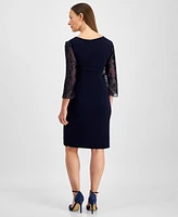 Connected Petite Lace-Sleeve Side-Gathered Sheath Dress