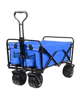 Slickblue Collapsible Heavy-Duty Beach Wagon Cart – Outdoor Folding Utility with Universal Wheels & Adjustable Handle, Blue