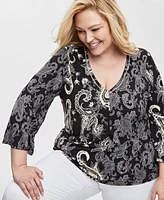 Jm Collection Plus Rhinestone-Trim Printed Top, Exclusively at Macy's