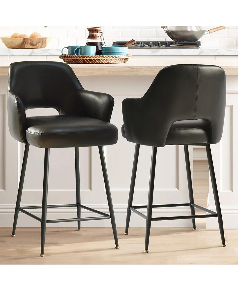 Maison Boucle 25.5" Armrest Faux Leather Counter Height Stools With Metal Legs(Set of 2)-Maison