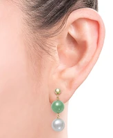 Dyed Green Jade & Freshwater Pearl (7-1/2mm) Double Drop Earrings in 10k Gold