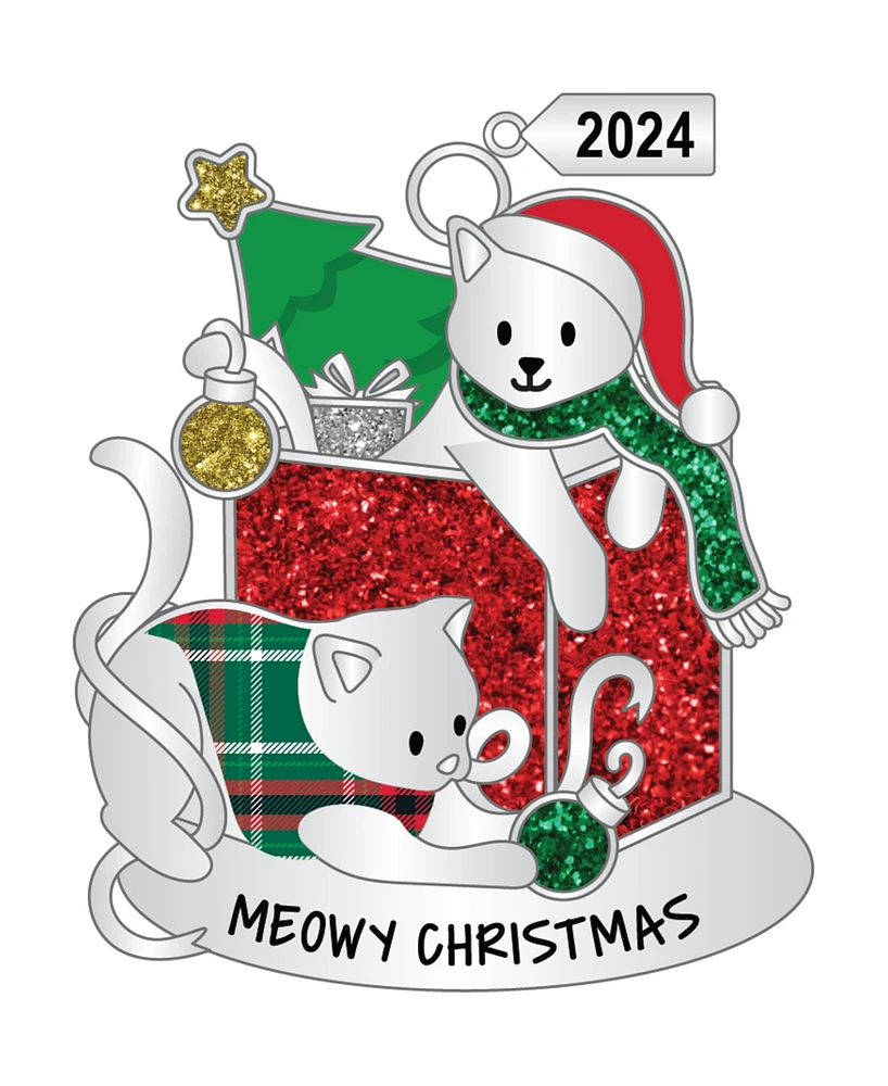 Ganz Sentiment Ornament Cat 'Meowy Christmas' with Dated 2024 Charm, 2.89" - Green, Red, Silver